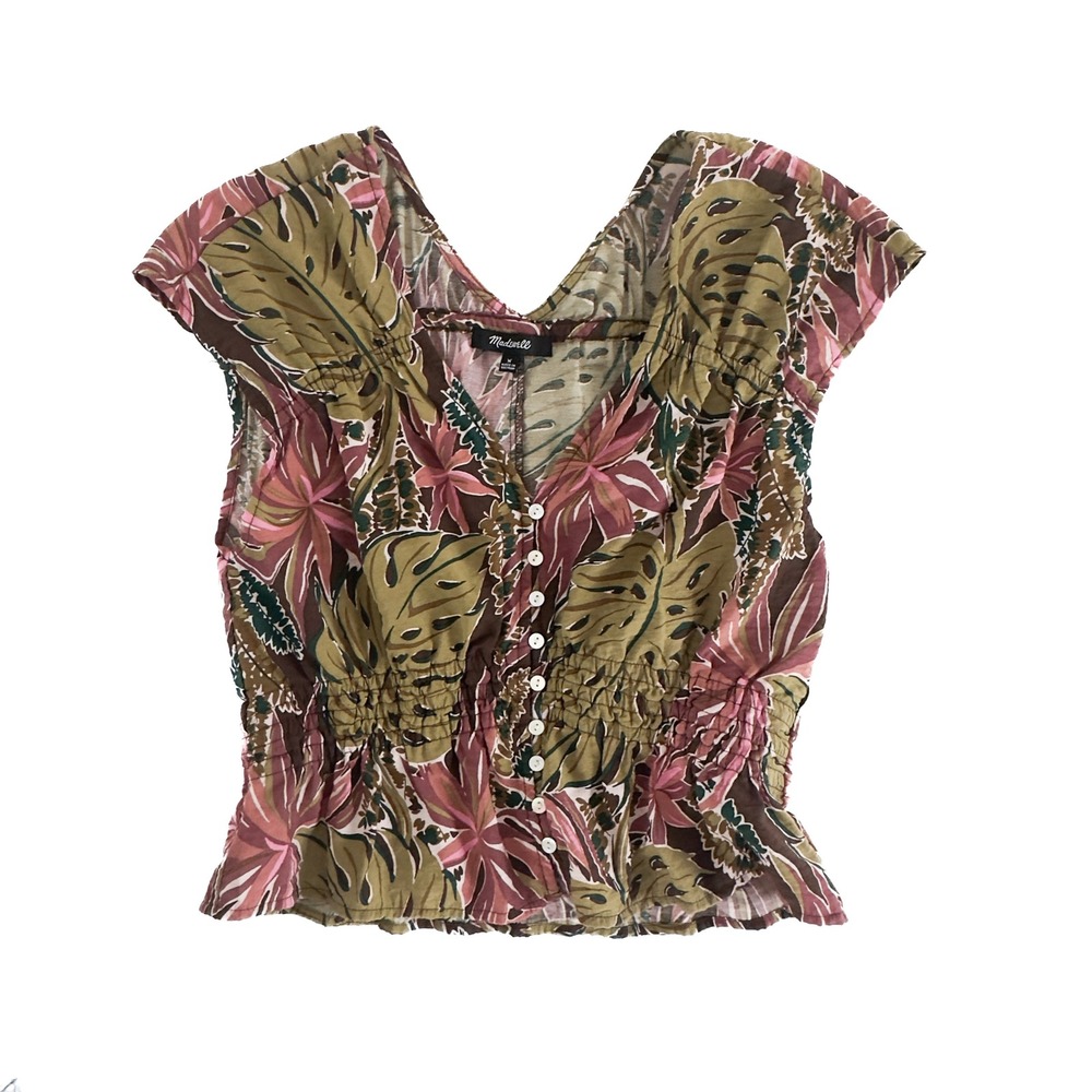 Madewell Tropical Shirred Cap-Sleeve Top in Brushstroke Monstera Top - Size M